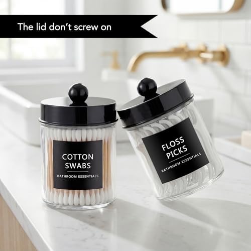 Amolliar Glass Apothecary Jars Qtip Holder w/Plastic Lids,Black 2pc