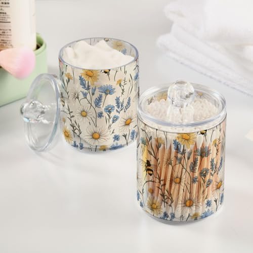 ALAZA Daisy Bee Flower Floral Print 2 Pack Qtip Holder Dispenser for Cotton Swabs, Balls, Pads, Floss 10 oz Plastic Canister Organizer