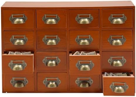 16 Drawers Apothecary Cabinet Library Card Catalog Cabinet Card Catalog Drawer with Metal Handles & Label Slot Wooden Desk Drawer Organizer for Herb Storage, Tea Collection (Brown)