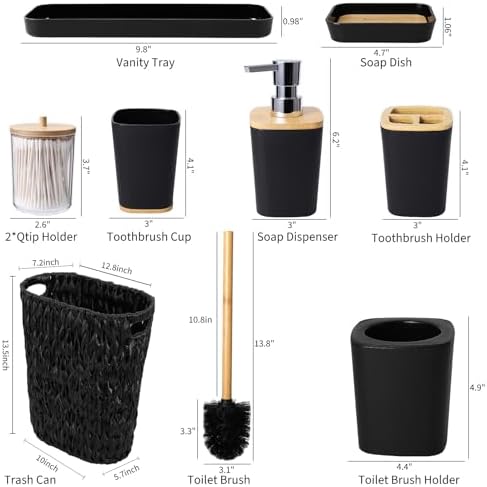 XLHOMO Black Bathroom Accessories Set with Wicker Trash Can, Black Bathroom Accessories Set Bathroom Sets Small Waste Basket Bathroom Trash Can for Bedroom Bathroom