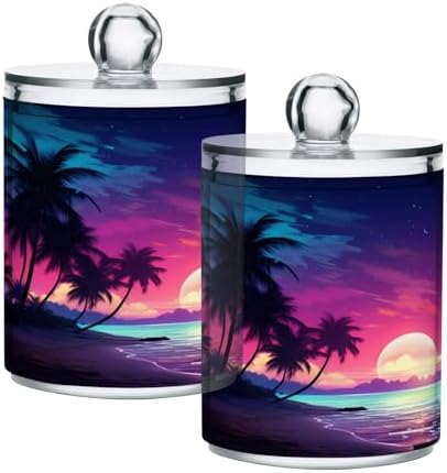 2 Pack Qtip Holder Organizer Dispenser Palm Tree Beach Tropical Bathroom Storage Canister Cotton Ball Holder Container for Cotton Pads/Swabs/Floss