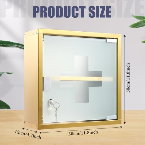 Timgle First Aid Wall Cabinet with Lock Medicine Wall Mounted Bathroom Storage Hanging Medical Cabinet with Safety Glass Door for Bathroom(2 Shelves,Light Gold)