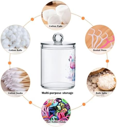 Fustylead 4 Pack Watercolor Pink Flamingos Qtip Holder Dispensers, Bathroom Storage Canister Plastic Apothecary Jar Set for Cotton Swabs, Ball, Pads, Floss