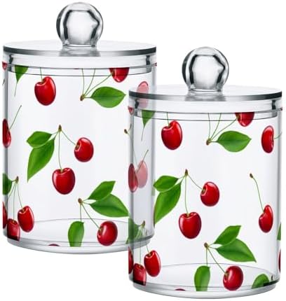 DOMIKING Cherry Leaves White 2 Pack Cotton Swab Holder Dispenser Plastic Jar Bathroom Storage Canister Acrylic Containers for Cotton Swab Round Pads Ball