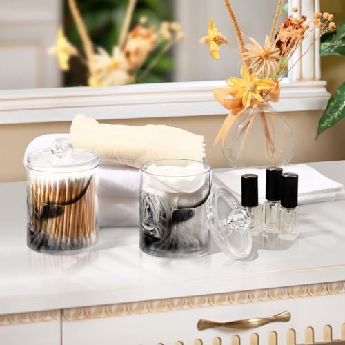 Apothecary Jars Bathroom Storage Organizer with Lid - 14 oz Qtip Holder Dispenser, Highland Cow Clear Plastic Canister for Cotton Swab, Cotton Ball, 2PCS