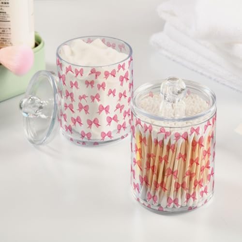 ALAZA 4pcs Cute Bow White Qtip Holder Dispenser 14 oz Bathroom Storage Clear Apothecary Jars Containers Cotton Ball,Cotton Rounds,Floss Picks, Hair Clips, Food