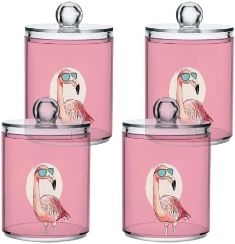 Fustylead 4 Pack Pink Flamingo Wearing Sunglasses Qtip Holder Dispensers, Bathroom Storage Canister Plastic Apothecary Jar Set for Cotton Swabs, Ball, Pads, Floss