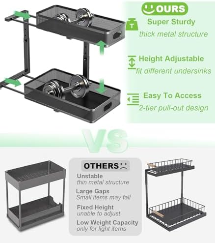Under Sink Organizer 2 Pack, High Adjustable 2 Tier Under Sink Organizers and Storage, Slide out Metal Cabinet Organizers, Pull out Storage Drawer Shelf for Kitchen Bathroom Cabinet (Black)