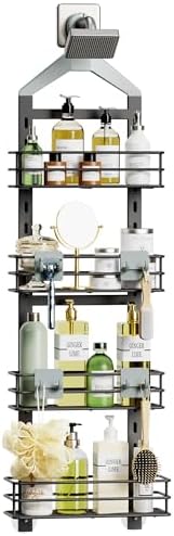 Orimade 4 Tier Adjustable Anti-slip Shower Caddy over Shower Head,Rustproof Bathroom Hanging shower Organizer with 4 Hooks for Razor,No Drilling Shower shelves Storage Rack,Grey