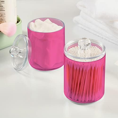 SHJI Hot Pink Qtip Holder Organizer Dispenser Cotton Swabs Cans Plastic Jars with Lid Set 2 Pack Bathroom Storage Canister for Cotton Ball Floss Cotton Pads