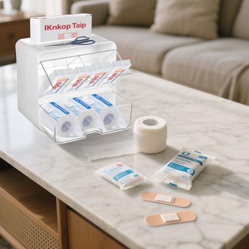 YEXEXINM Bandages Storage Organizer for Wall Large Bandage Organizer with Lid 3-Compartment Plastic Bandaid Storage Container for Home Medicine Cabinet, Elastic Bandage Wrap, Cotton Swab