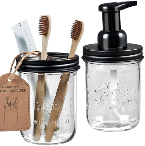 SheeChung Mason Jar Foaming Soap Dispenser and Toothbrush Holder Set, Black