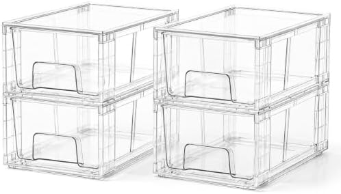 4 Pack Stackable Storage Drawers with Handles, Easy Assembly Clear Acrylic Fridge Organizer, Refrigerator Organizers and Storage for Kitchen, Under Sink, Pantry, Bathroom
