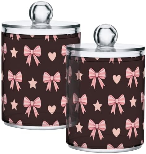 Gredecor 2 Pack Qtip Holder Clear Pink Bows and Stars Fashion Apothecary Jars with Lids Acrylic Bathroom Jars Vanity Countertop Canister Storage Organizer for Cotton Ball,Swabs,Pads,Floss