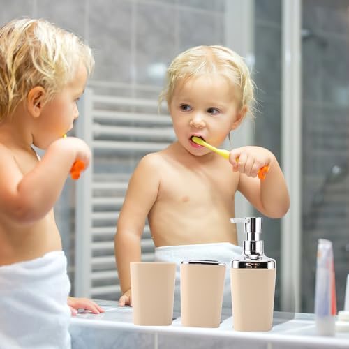 XLHOMO Beige Bathroom Set, Plastic 9-Piece Bathroom Set with Trash Can, Soap Dispenser, Toothbrush Holder, Toothbrush Cup, Soap Dish, Toilet Brush, Tray and Q-tip Holders for Bathroom/Housewarming