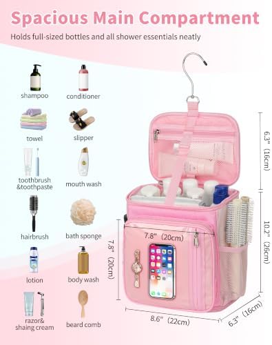 CUBETASTIC Mesh Shower Caddy Bag Portable - Large Capacity Shower Bag with Waterproof Phone Pocket & Sturdy Hook, Dorm Shower Caddy for Travel, Gym, College Essentials for Women & Men (Pink, M)