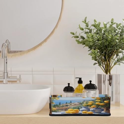 Storage Basket Set of 2 Lemon Seascape Small Baskets for Organizing Fabric Storage Baskets with Handles for Shelves Bathroom Toilet Tank Top