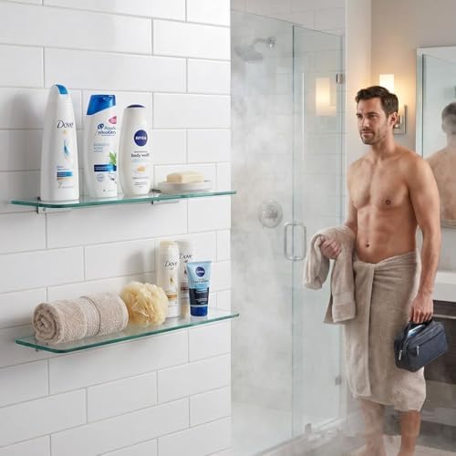 Glass Shower Shelves for Bathroom 2 Tiers Tempered Glass Floating Wall Mounted Shelves for Inside Shower Adhesive Organizer Storage with Aluminum Brackets 15 x 5 Inches