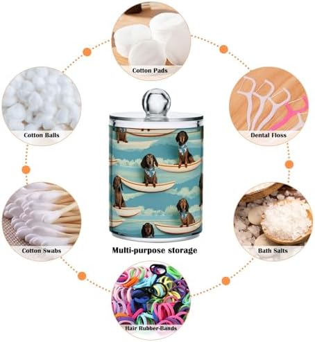 4 Pack Dachshunds on Surfboards Qtip Dispenser 10 Oz Clear Apothecary Plastic Jars Bathroom Canister for Cotton Pads, Cotton Ball, Cotton Swabs, Floss Picks