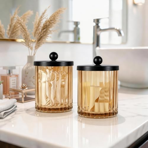 Amolliar Amber Glass Qtip Holder, Apothecary Jar for Bathroom(Black 2 Pack)