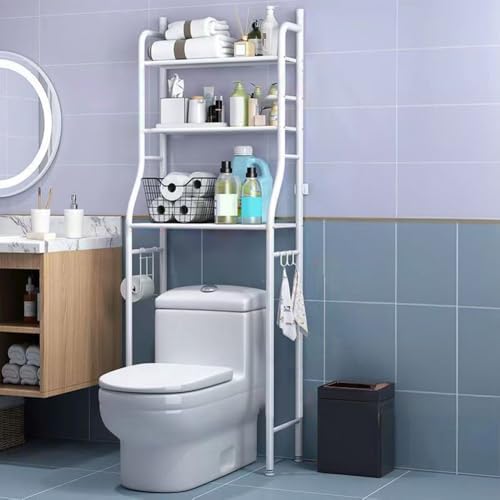 Over The Toilet Storage Rack, 3 Tier Bathroom Organizer Shelf with Toilet Paper Holder, Freestanding Space Saver Toilet Stands, Multifunctional Above Toilet Shelf for Bathroom iron stand white 3layers