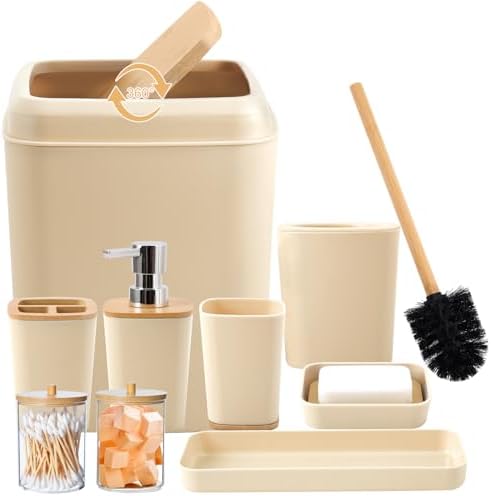 Beige Bathroom Accessories Set 9 Piece Bathroom Accessory Set with Trash Can,Toothbrush Holder,Toothbrush Cup,Lotion Soap Dispenser,Vanity Tray,Soap Dish,Toilet Brush,Qtip Holder