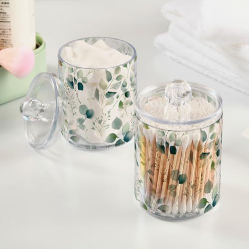 ALAZA Eucalyptus Leaves White 2 Pack Qtip Holder Dispenser for Cotton Swabs, Balls, Pads, Floss 10 oz Plastic Canister Organizer