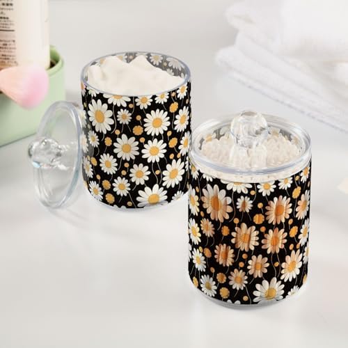 4 Pack Clear Plastic Jars Yellow and White Daisy Flowers Apothecary Jars Bathroom Vanity Organizer for Cotton Ball, Cotton Swab, Cotton Round Pads, Floss 10 Oz