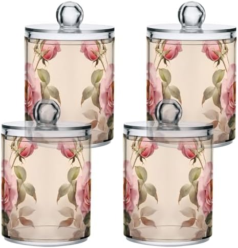 MNSRUU 4 Pack Qtip Holder Organizer Dispenser Floral Rose Pink Bathroom Storage Canister Cotton Ball Holder Bathroom Containers for Cotton Swabs/Pads/Floss