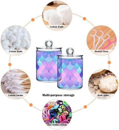 MNSRUU 2 Pack Qtip Holder Organizer Dispenser Pink Blue Mermaid Scales Bathroom Storage Canister Cotton Ball Holder Bathroom Containers for Cotton Swabs/Pads/Floss