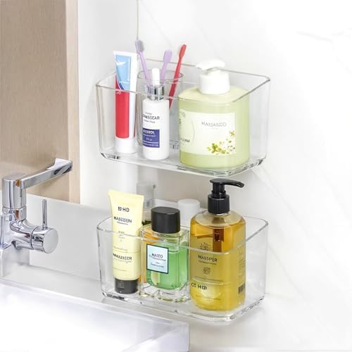 PAVSTINE 2 Pack Clear Shower Shelf, Adhesive Bathroom Shower Shelves