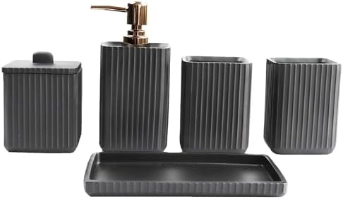 Hymmah Black Bathroom Accessories Set,Unique Design Bathroom Set 5 Pcs Resin Gift Set Apartment Necessities, Contain Cotton Swab Jar,Soap Dispenser,Soap Dish/Tray,Tumbler