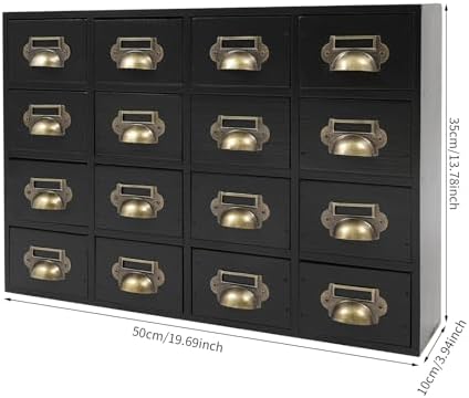 16 Drawers Apothecary Cabinet Library Card Catalog Cabinet Card Catalog Drawer with Metal Handles & Label Slot Wooden Desk Drawer Organizer for Herb Storage, Tea Collection (Black)