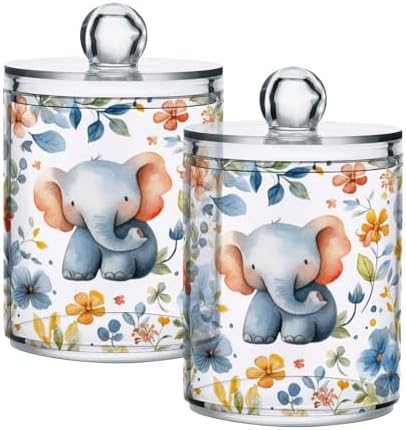 Elephant Qtip Holder 4 Pack - 10 Oz Clear Plastic Apothecary Jar Set for Bathroom Organization - Versatile Canister Storage for Cotton Balls, Swabs, Rounds