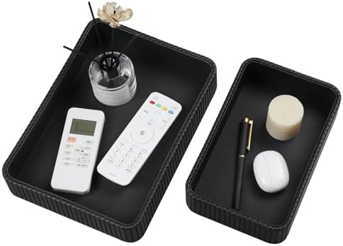 Desk Organizer Tray, PU Leather Nightstand Organizer, Black 2-Pack
