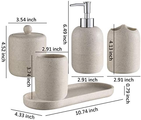 5-Pieces Bathroom Accessory Set Hight Quality Polyresin Ensemble-Lotion Dispenser/Toothbrush Holder/Cotton Jar/Tray/Tumbler Cup, Beige