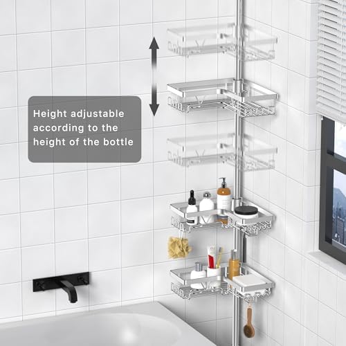KEGII SUS304 Corner Shower Organizer, Tension Pole Bathtub Caddy, Silver