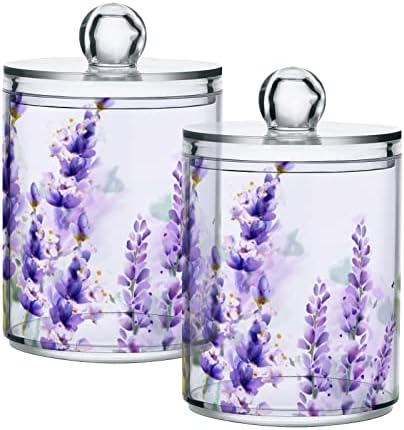 2 Pack Qtip Holder Dispenser for Cotton Ball Purple Lavender Cotton Swab Round Pads Clear Plastic Acrylic Jar Set Bathroom Canister