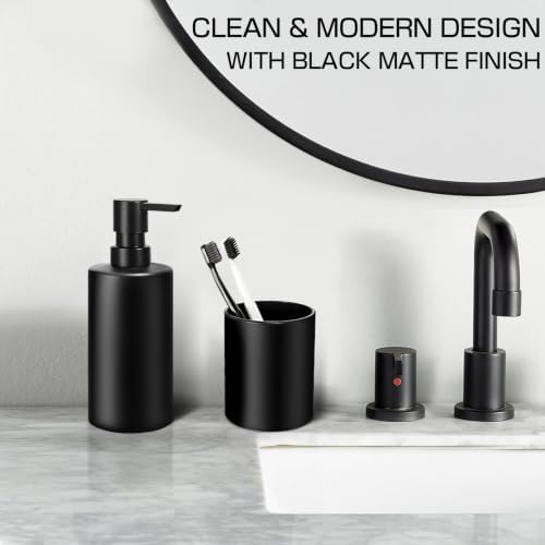 Black Bathroom Accessories Set, 5 Pcs Matte Black Bathroom Accessory Set with Trash Can, Soap Dispenser, Toothbrush Holder, Qtip Holder, Modern Bathroom Sets Complete Decor