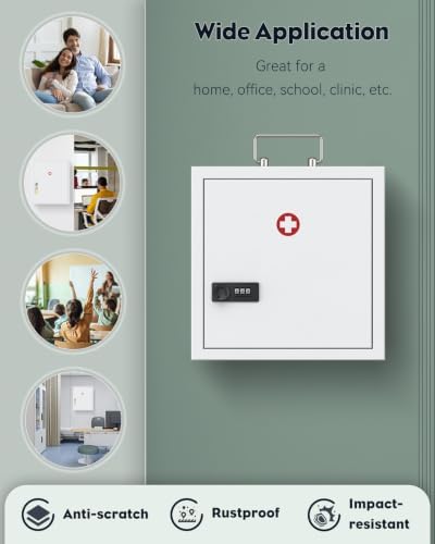 Uniclife Wall Mount Medicine Cabinet with Combination Lock & Handle Locking First Aid Cabinet Lockable Medical Cabinet Medium Medicine Organizer Secure Steel Wall Cabinet Metal Storage Box, White