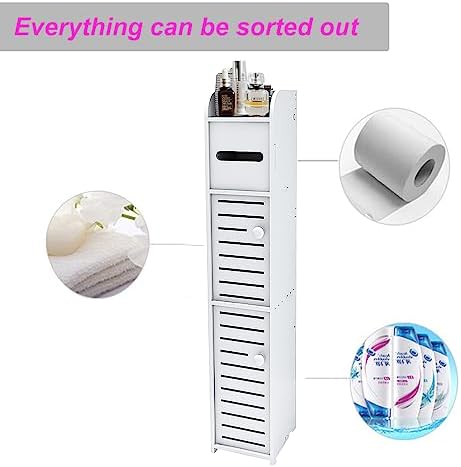 Small Bathroom Storage Cabinet, Over The Toilet Storage Cabinet for Skinny Bathroom Floor, Slim Toilet Paper Storage with Double Doors & Shelves - White