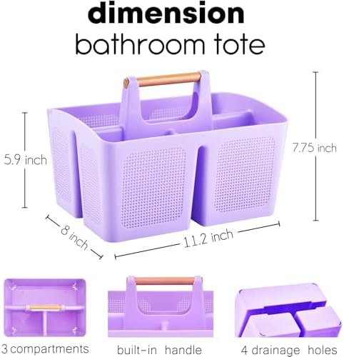 ALINK Portable Shower Caddy Basket with Compartments, Plastic Divided Cleaning Caddy Organizer Storage Tote with Handle for Bathroom, College, Dorm Room Essentials - Purple