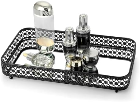ELLDOO Black Mirror Glass Perfume & Makeup Vanity Tray, Large Size