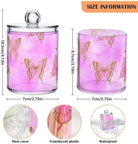 DOMIKING Butterfly Star Pink 2 Pack Cotton Swab Holder Dispenser Plastic Jar Bathroom Storage Canister Acrylic Containers for Cotton Round Pads Ball Swab