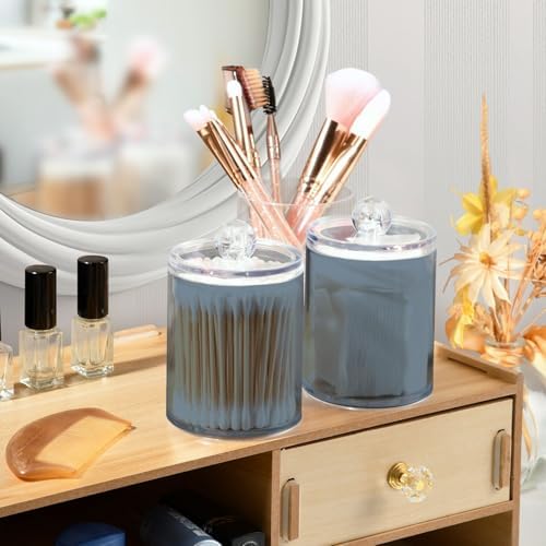 Gredecor 4 Pack Light Slate Gray Qtip Holder Organizer Dispenser Clear Bathroom Storage Canister Cotton Ball Holder Bathroom Containers for Cotton Swabs/Pads/Floss