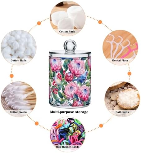 Pink and Blue Tropical Flowers Clear Plastic Jars 2 Pack Apothecary Jars Clear Bathroom Storage Containers for Cotton Ball, Swab, Floss, Makeup Sponges, Hair Clip 10 Oz