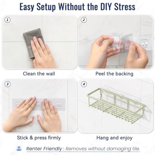 8 Pack Adhesive Rustproof Shower Caddy with Soap Dishes, Toothbrush Holder & Hooks, Large Capacity No-Drilling Shower Shelves Rack for Bathroom Organizers and Storage Accessories, Green