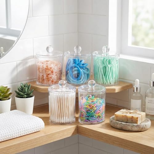 SheeChung 4 Pack Acrylic Qtip Holder with Labels, Qtip Jars for Bathroom