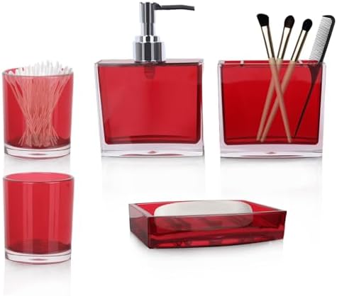 LGURT 5-Pc Red Acrylic Bath Accessories—Dispenser, Dish, Organizer & 2 Cups