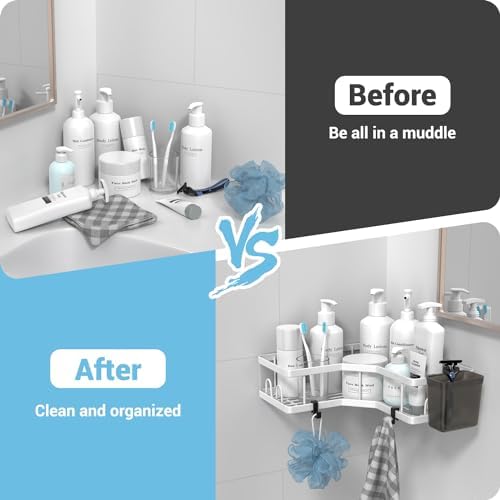 AKTECKE Shower Caddy Corner Organizer Shelf: 2Pack Adhesive Shower Essentials Accessories - No-Drilling Stainless Steel Bathroom Storage Rack with Hooks